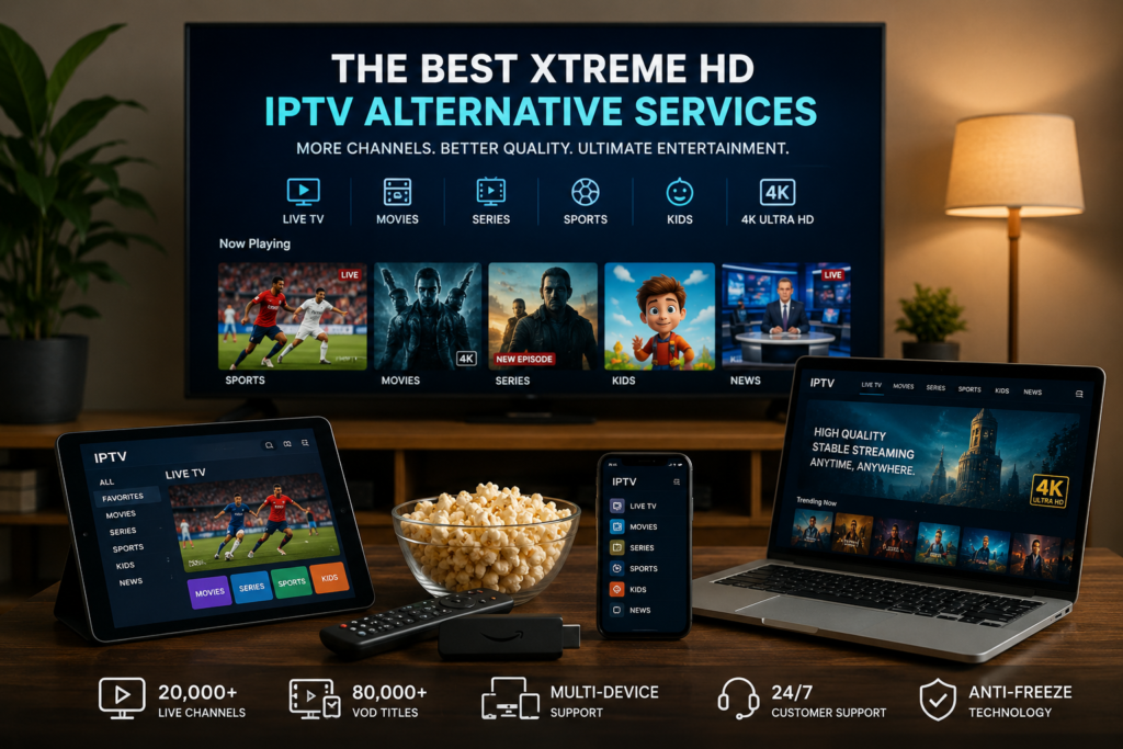 Best Xtreme HD IPTV alternative providers for 2026 displayed on multiple devices with live TV, movies, sports, and 4K streaming.
