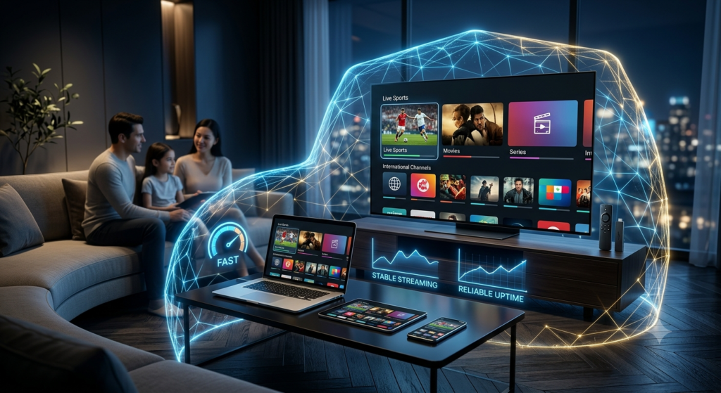 Secure IPTV streaming setup with VPN protection, multiple connected devices, and stable high-performance streaming.