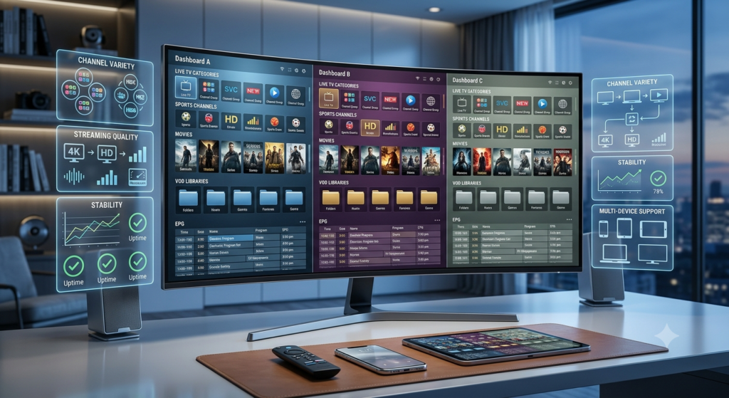 Comparison of premium Xtreme HD IPTV alternatives showing multiple IPTV streaming services with channels and VOD libraries.