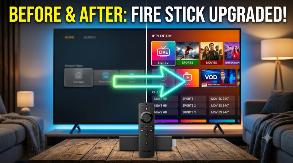 Close-up of an Amazon Firestick home screen with the Downloader application highlighted in the search results. A realistic Fire TV remote points toward the screen while simple installation arrows illustrate the next step. Modern UI inspired design without copyrighted screenshots, clean instructional style, realistic lighting, high detail, 8K.