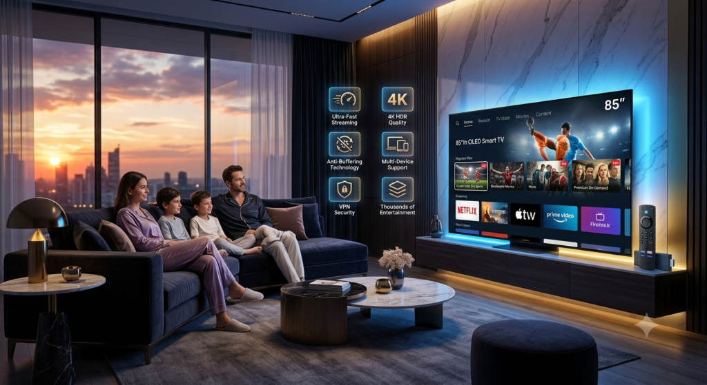 Family enjoying one of the best Xtreme HD IPTV alternatives with 4K streaming, live sports, movies, and premium home entertainment.