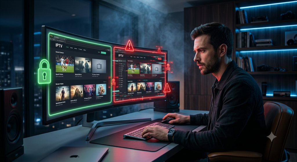 Comparison between an official IPTV website and a fraudulent clone website highlighting online security risks.
