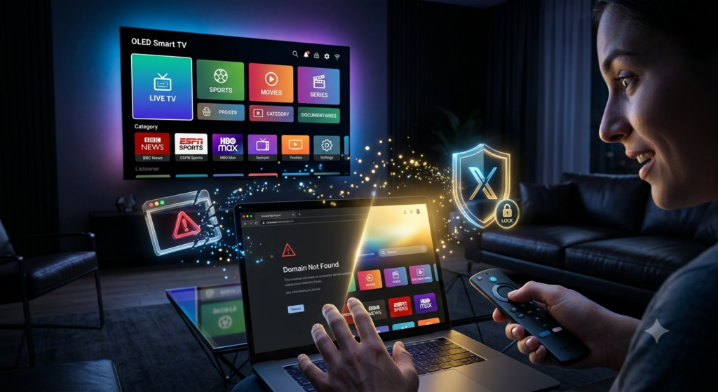 What happened to Xtreme HD IPTV illustrated by a domain migration from an unavailable website to a premium IPTV streaming platform.
