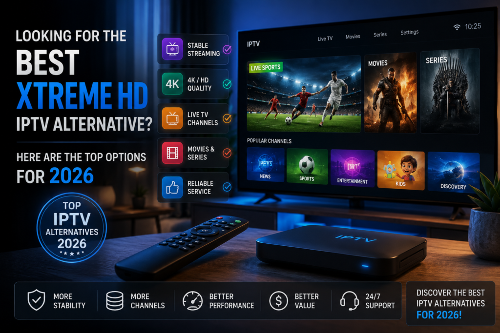 Best Xtreme HD IPTV alternative hero image featuring a premium IPTV streaming setup with a smart TV, IPTV box, live channels, movies, sports, and entertainment options for 2026.