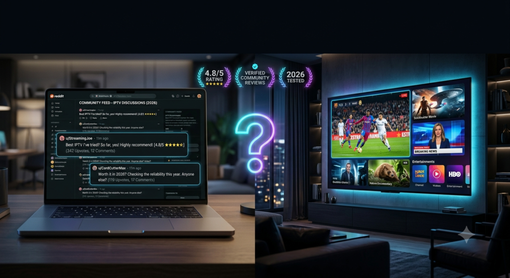 Split-screen Xtreme HD IPTV Reddit review showing community discussions beside a smart TV streaming live channels in 2026.
