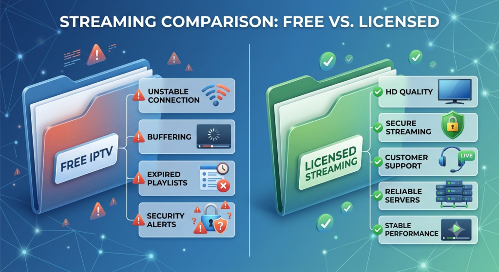 Comparison between free IPTV services and licensed streaming platforms.