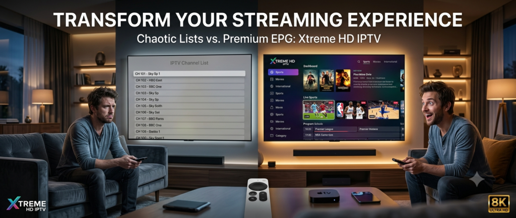 Xtreme HD IPTV EPG comparison showing chaotic channel browsing versus a fully organized premium TV guide experience