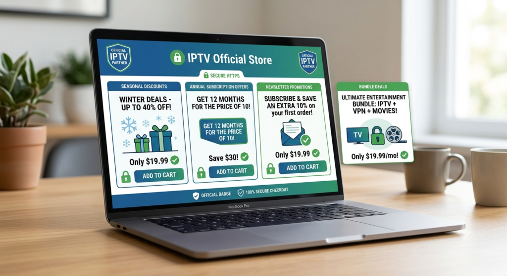 Official IPTV website displaying verified subscription discounts and promotional offers.