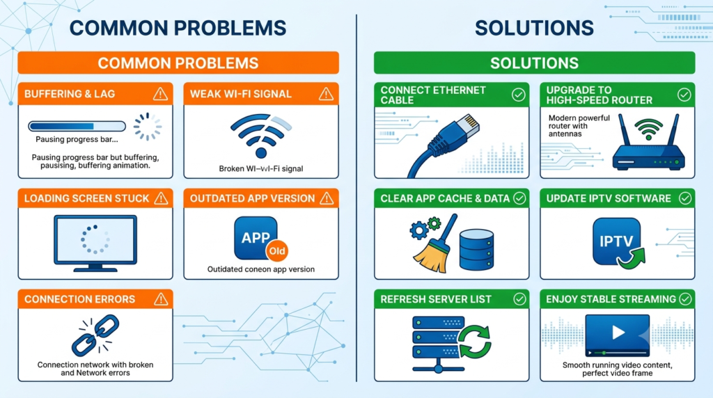 IPTV troubleshooting infographic showing buffering fixes and streaming optimization