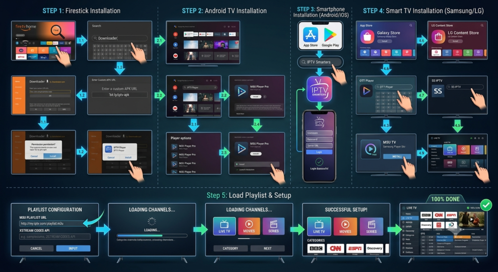 Xtreme HD IPTV setup process on Firestick, Android TV, smartphone, and Smart TV devices