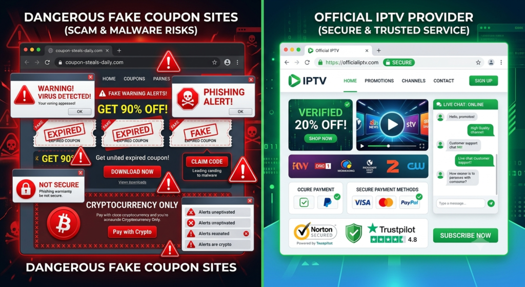 Comparison between fake IPTV coupon websites and the official secure discount page.