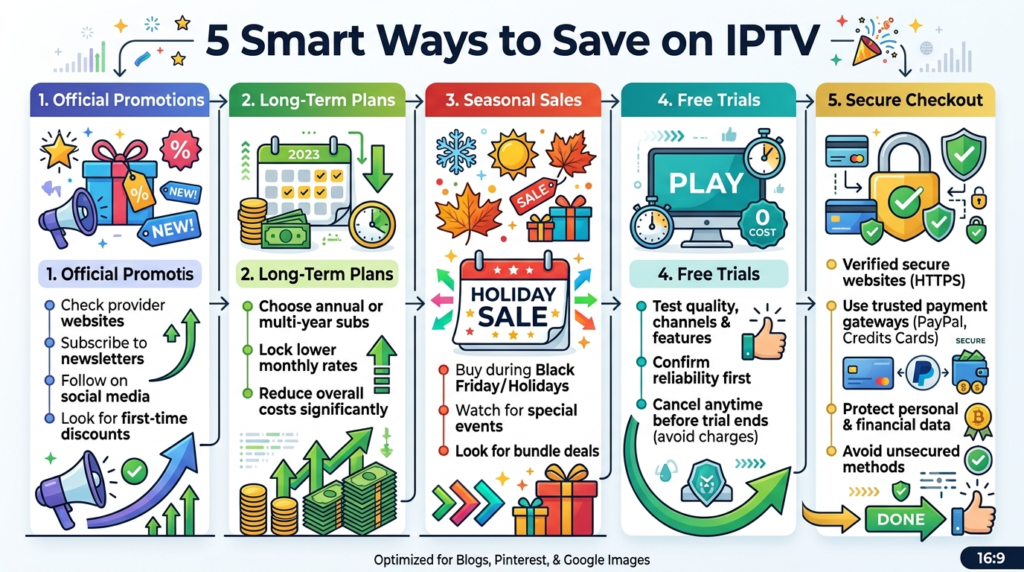 Infographic summarizing five smart ways to save money on IPTV subscriptions safely.