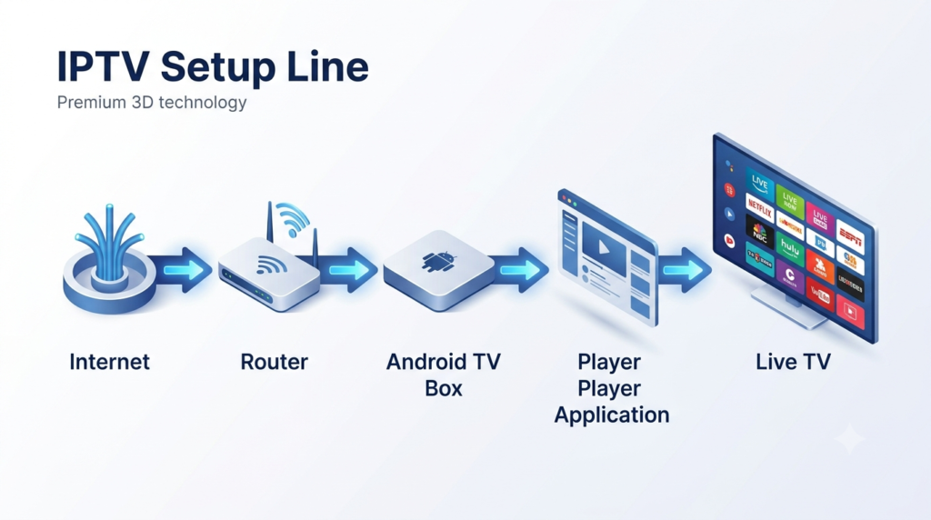 IPTV setup process from internet connection to Smart TV streaming
