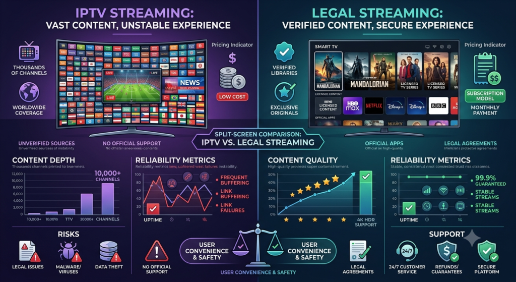 Comparison between Xtreme HD IPTV and legal streaming services showing pricing, channels, reliability, and support