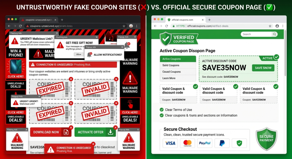 Comparison between fake IPTV coupon websites and verified official discount sources.