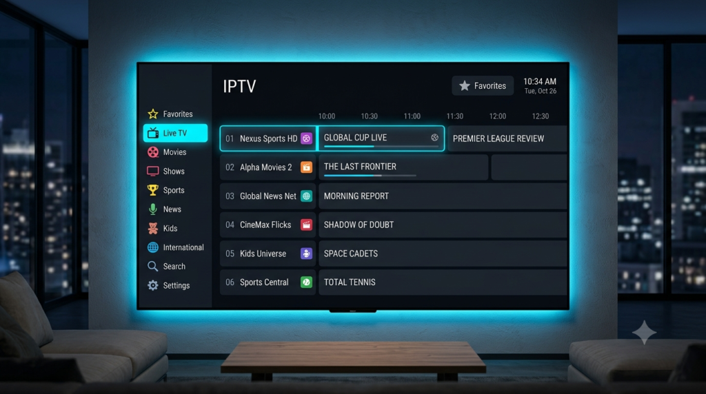 IPTV Electronic Program Guide interface with organized live TV channels
