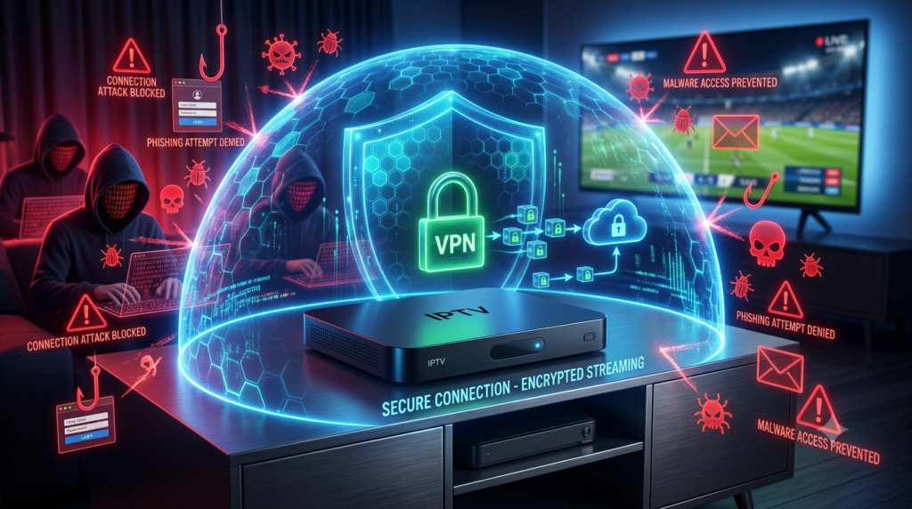 Secure IPTV streaming protected by VPN encryption and cybersecurity measures against malware and phishing threats.