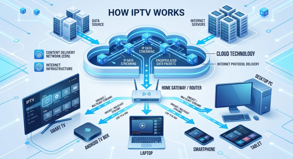 Diagram explaining how IPTV technology streams television over the internet.