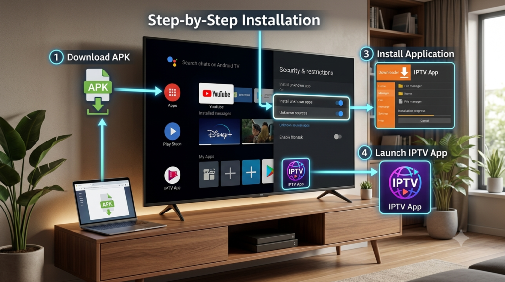 Android TV installation process showing unknown sources enabled and APK installation steps