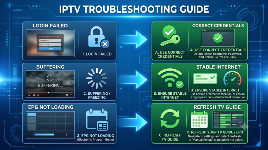 IPTV troubleshooting guide showing solutions for login errors, buffering, and Electronic Program Guide issues.