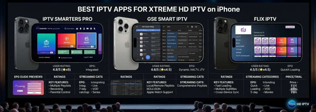 Best IPTV player apps for Xtreme HD IPTV on iPhone comparison.