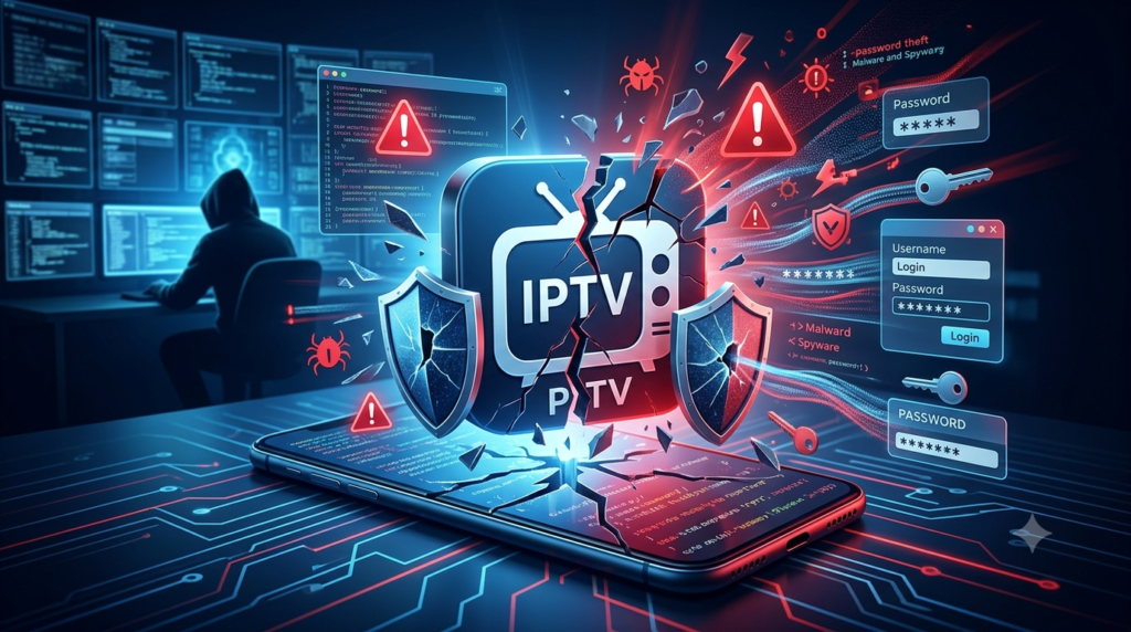 Cybersecurity warning showing malware risks associated with unofficial IPTV APK files