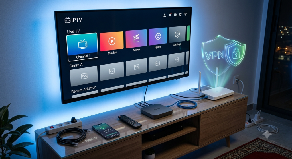 Safe IPTV streaming setup using a VPN and Android TV Box.