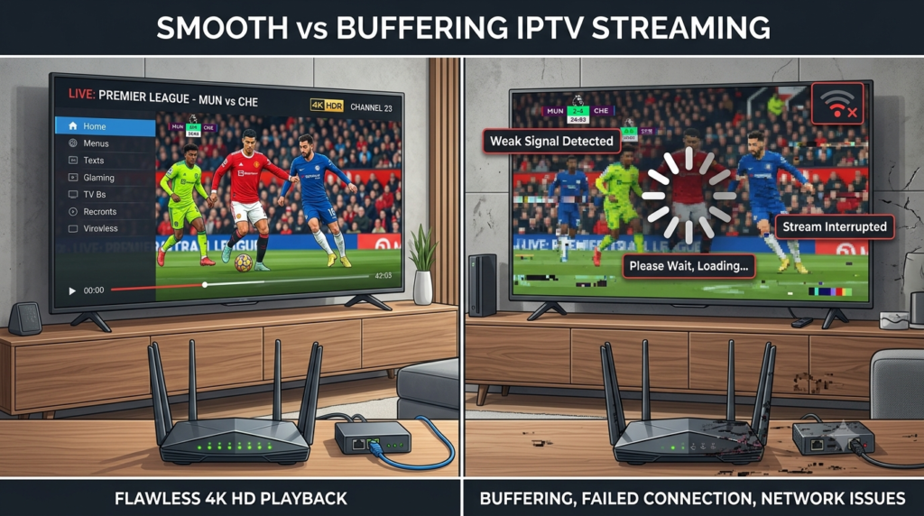 Comparison of smooth IPTV streaming versus buffering and playback problems.