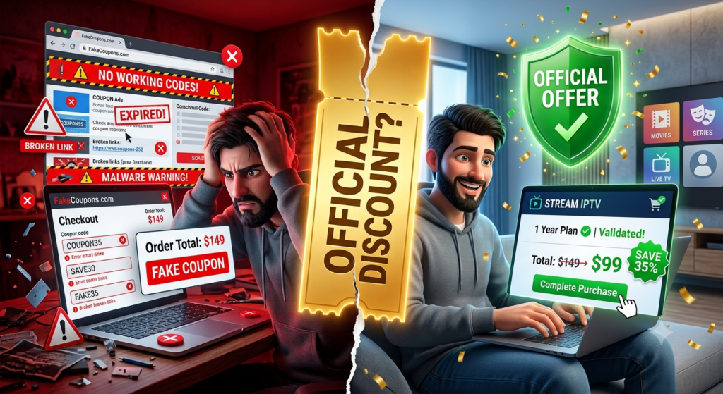 Official Xtreme HD IPTV discount code comparison showing fake coupons versus a secure official discount with lower pricing.