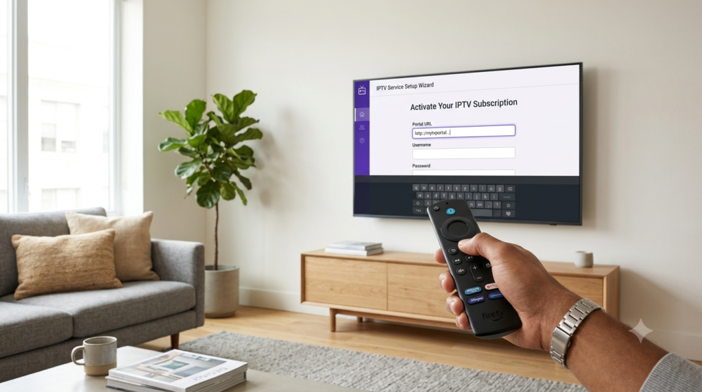 Setting up an Xtreme HD IPTV code on an Amazon Fire TV Stick using IPTV login credentials.