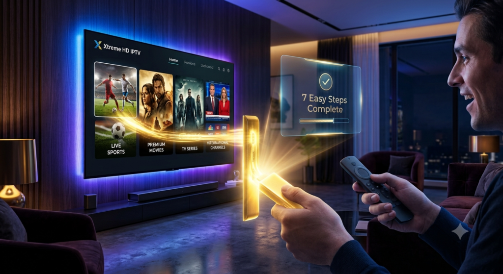 Install Xtreme HD IPTV on Firestick hero image showing a premium Firestick streaming setup with live TV, movies, sports, and 4K entertainment.