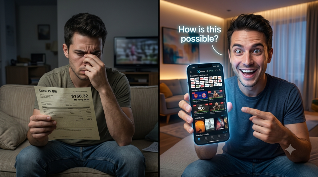 Xtreme HD IPTV on iPhone showing transformation from expensive cable TV to thousands of live streaming channels.