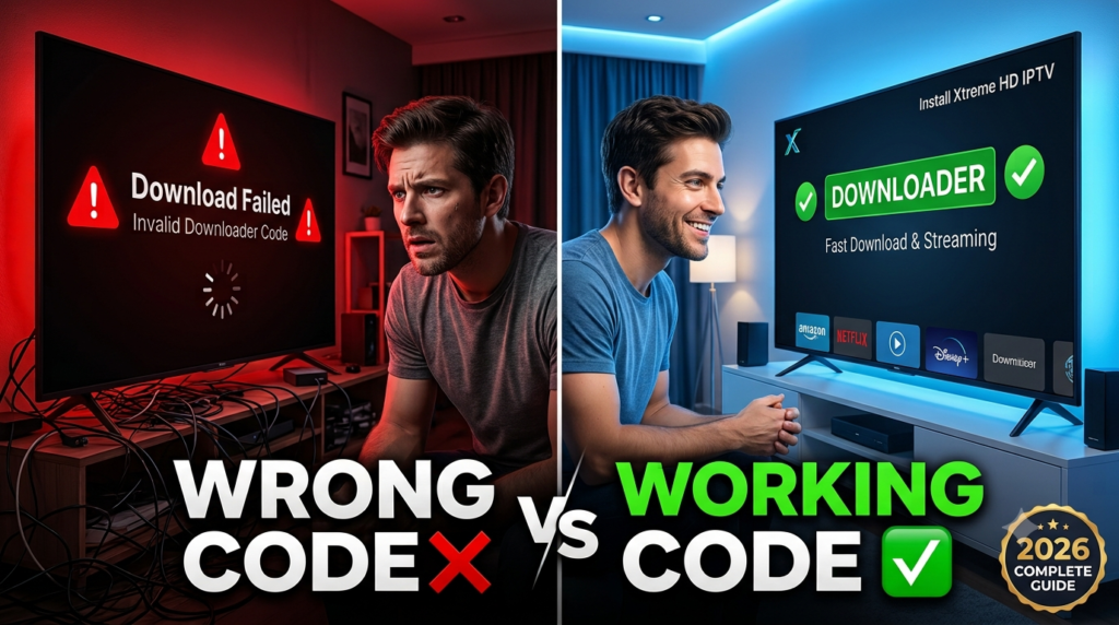 Xtreme HD IPTV downloader code comparison showing wrong installation versus working setup on Firestick in 2026