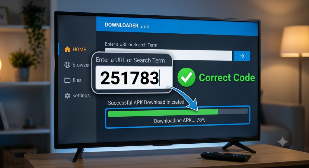 Entering the Xtreme HD IPTV downloader code into the Downloader app for APK installation
