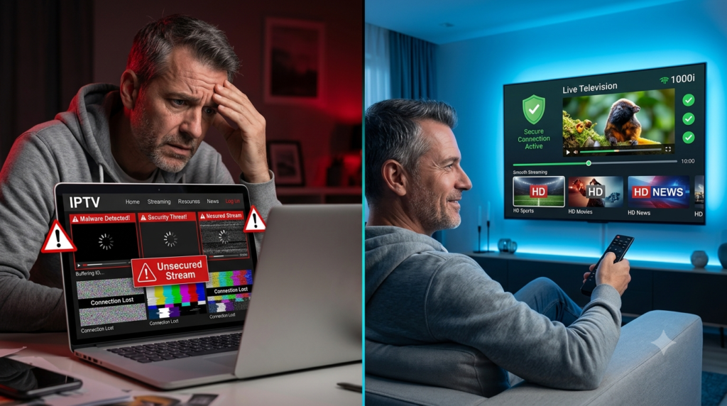Split-screen showing the risks of Xtreme HD IPTV Free versus a secure IPTV streaming setup protected with a VPN and stable HD playback.