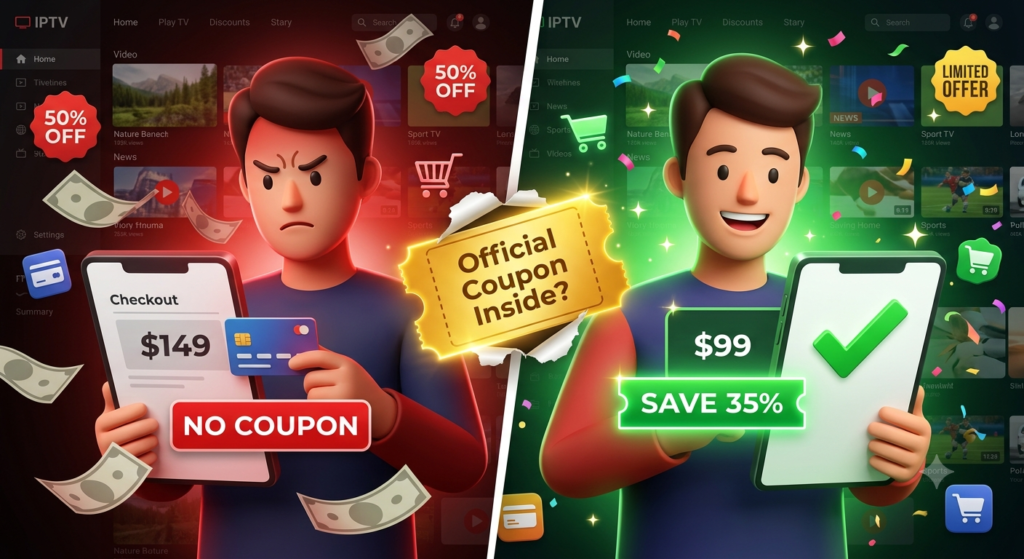 XTREME HD IPTV coupon code comparison showing full price versus discounted subscription after applying an official promo code.