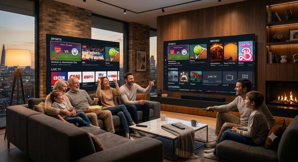 Family enjoying a fully optimized Xtreme HD IPTV EPG viewing experience