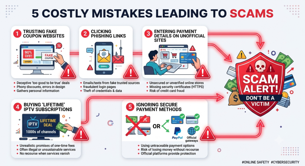 Infographic showing common mistakes people make when searching for IPTV discount codes.