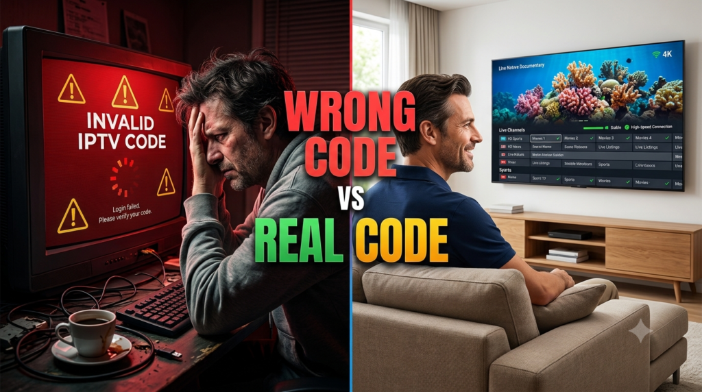 Split-screen showing an invalid IPTV code causing login failure versus a legitimate method following the  ultimate Guide to the Xtreme HD IPTV Code providing smooth 4K streaming.