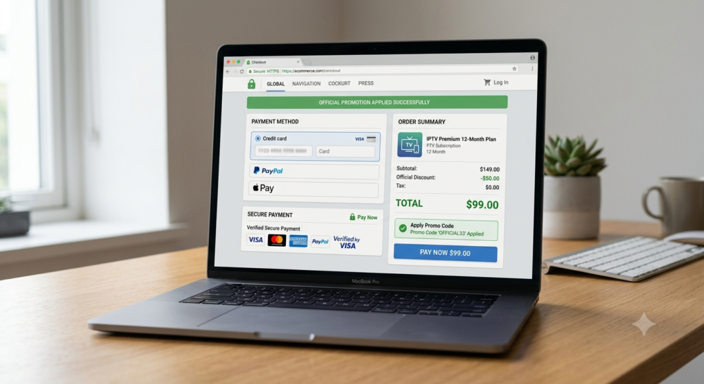 Secure IPTV checkout page with an official discount successfully applied before payment.