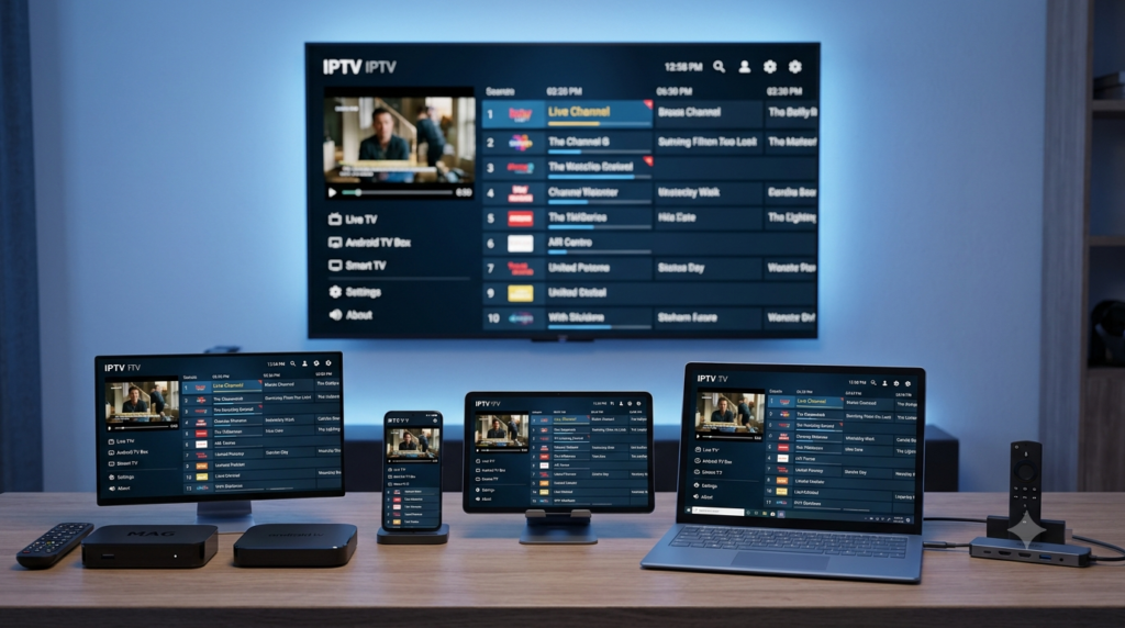 Multiple devices compatible with Xtreme HD IPTV including Firestick, Android TV, Smart TV, MAG box, smartphone, and PC.