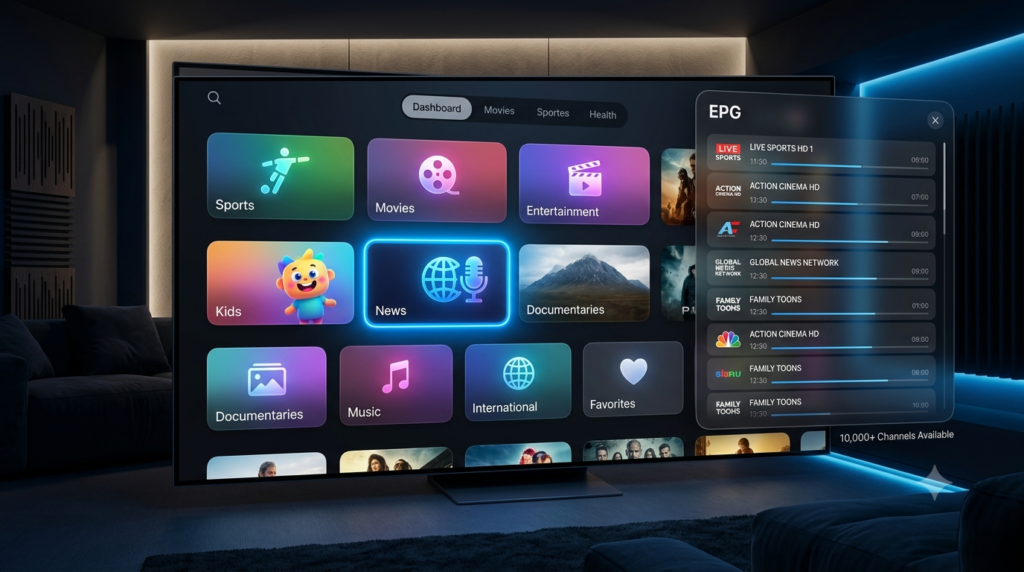 Compatible devices for the Ultimate Xtreme HD IPTV Channel Guide including Smart TV, Fire TV Stick, Android TV Box, laptop, tablet, and smartphone.